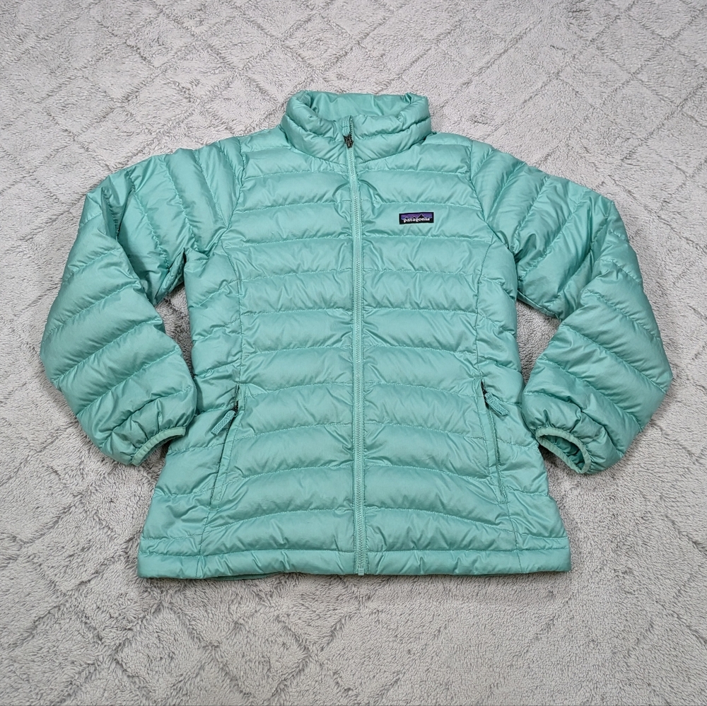 Patagonia Jacket Girls XL 14 Green Vjosa Quilted Puffer Down Sweater Full Zip 
